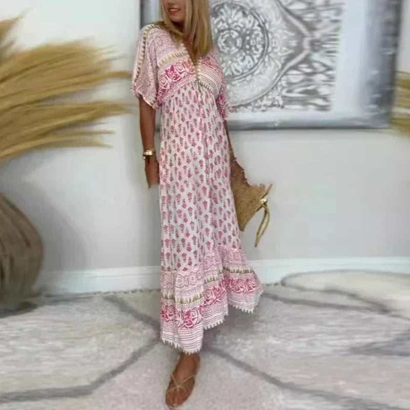 Women's Boho Print V-Neck Maxi Dress – Short Sleeves and Flared Skirt