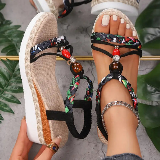 Women’s Braided Bohemian Wedge Sandals with Low Heel
