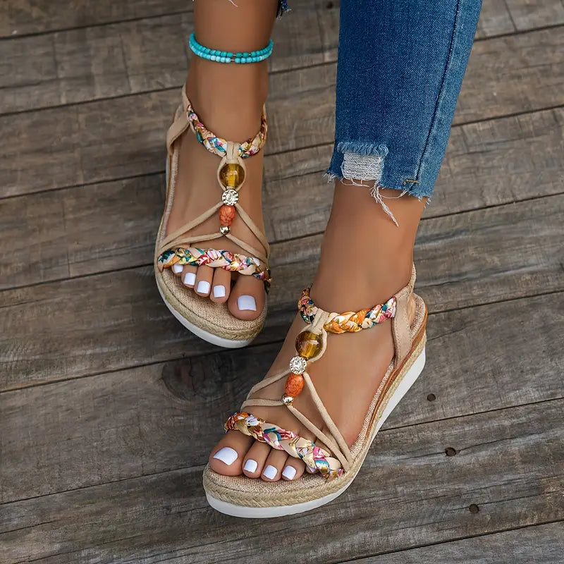 Women’s Braided Bohemian Wedge Sandals with Low Heel