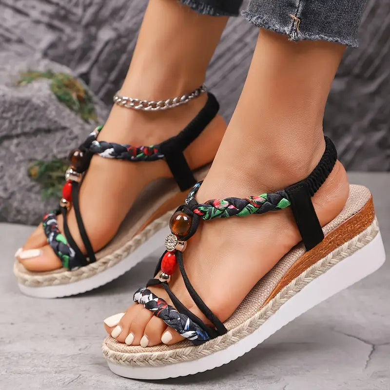 Women’s Braided Bohemian Wedge Sandals with Low Heel
