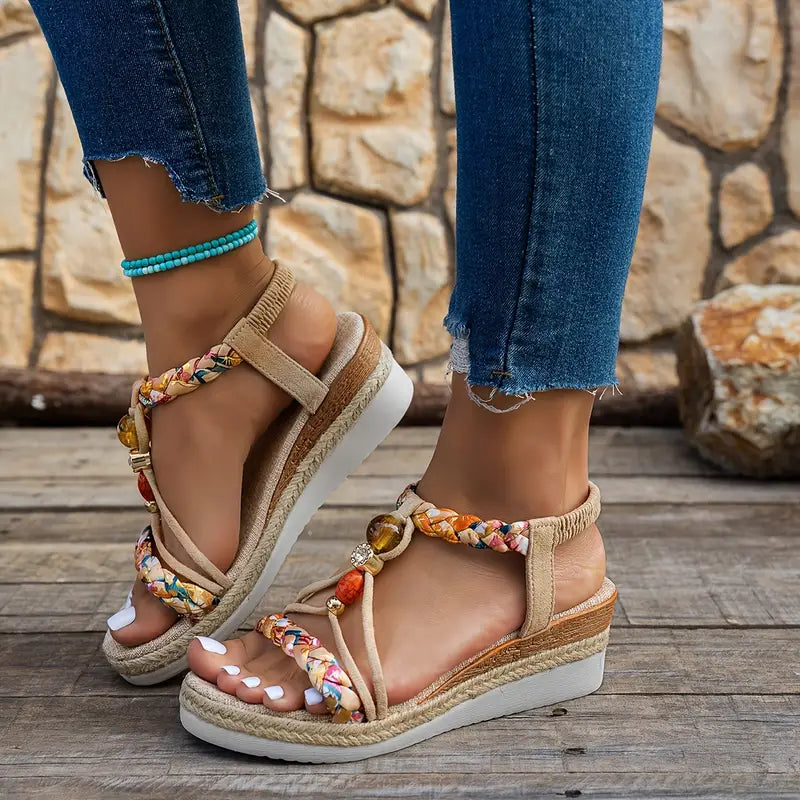 Women’s Braided Bohemian Wedge Sandals with Low Heel