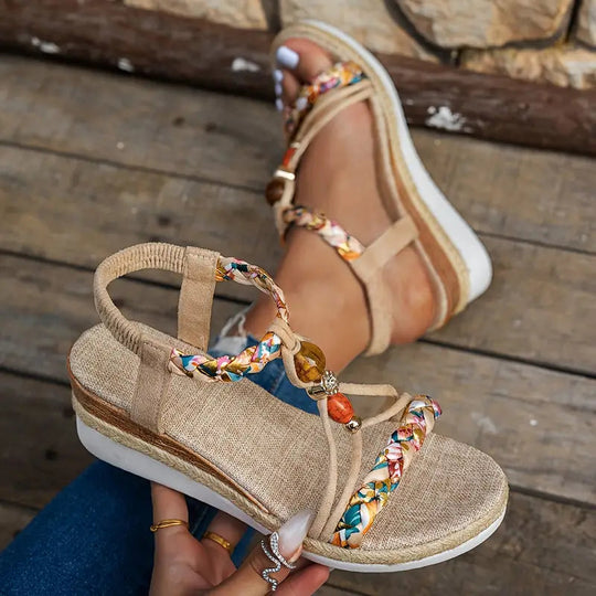 Women’s Braided Bohemian Wedge Sandals with Low Heel