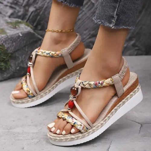 Women’s Braided Bohemian Wedge Sandals with Low Heel
