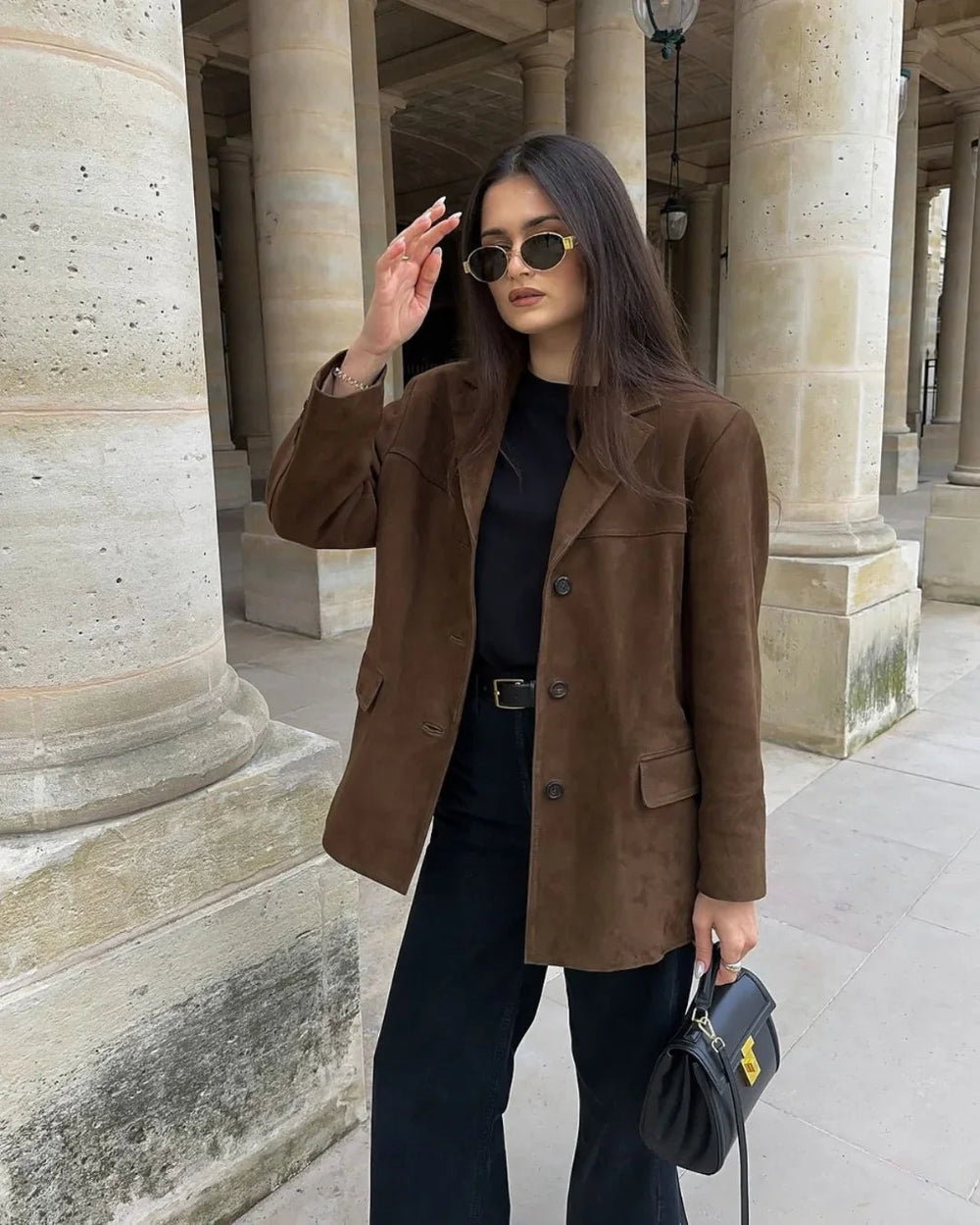 Women's Brown Faux Suede Blazer with Functional Pockets