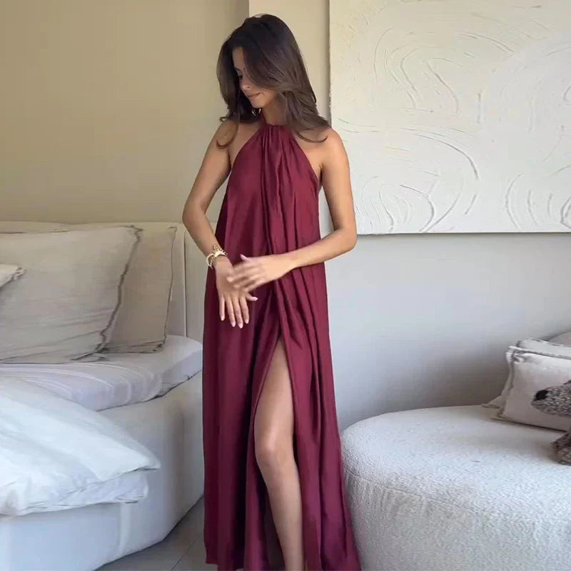 Women's Burgundy Draped Halter Maxi Dress – Formal Front-Slit Style