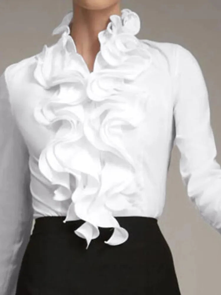 Women's Button-Front Ruffle Blouse – Long Sleeves and Ruffled Collar, M–3XL