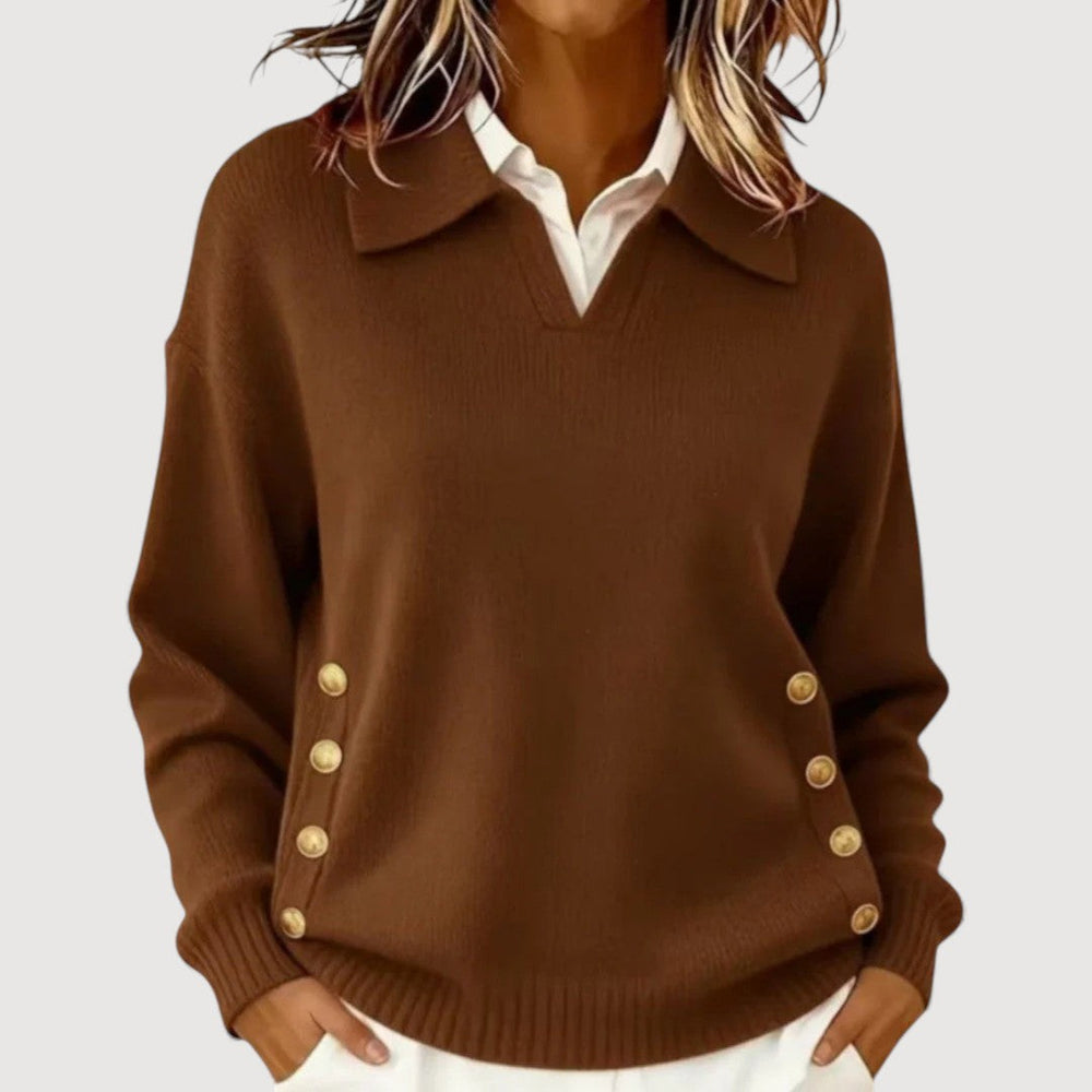 Women's Buttoned-Collar Knit Sweater – Soft Long-Sleeve Design