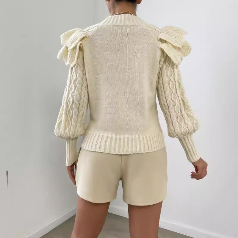 Women's Cable-Knit Sweater with Shoulder Ruffles – Long Sleeves