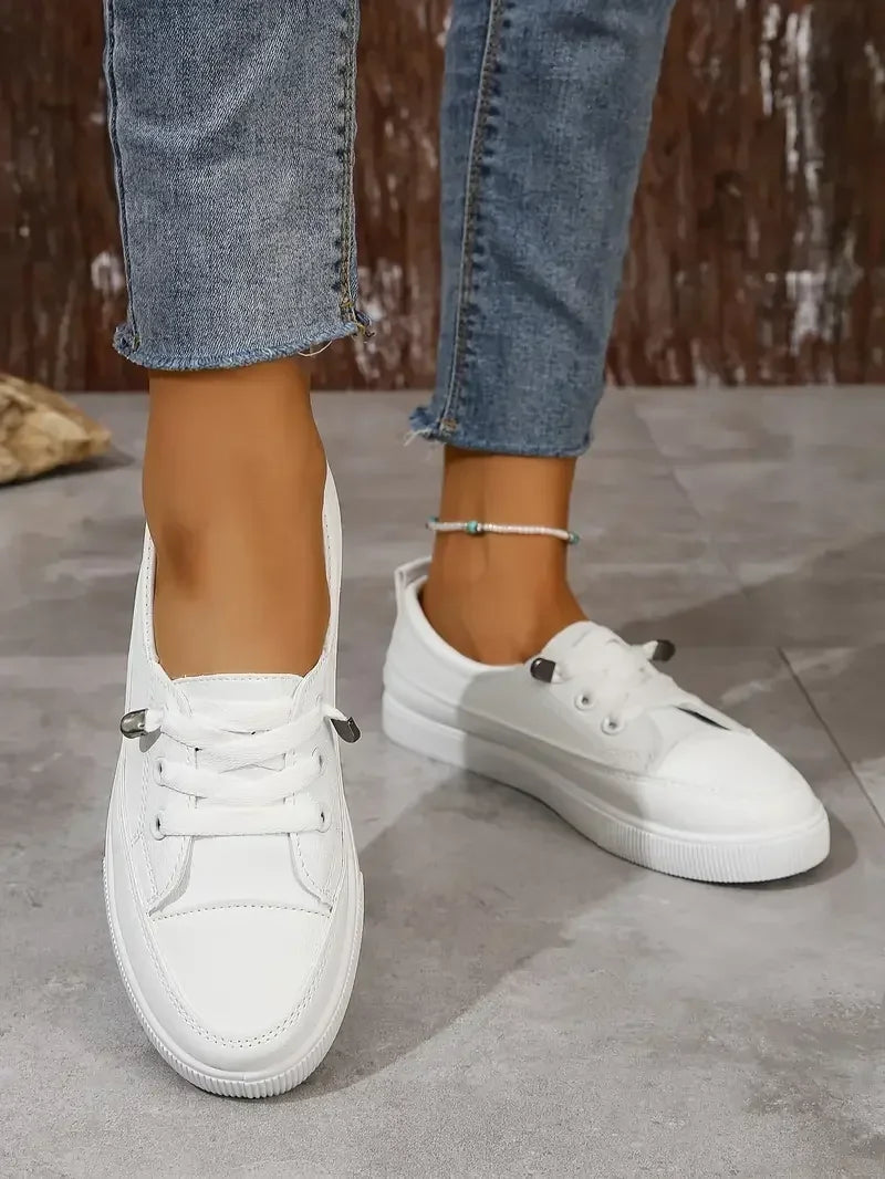 Women's Casual Round-Toe Lace-Up Sneakers with Flexible Flat Rubber Sole