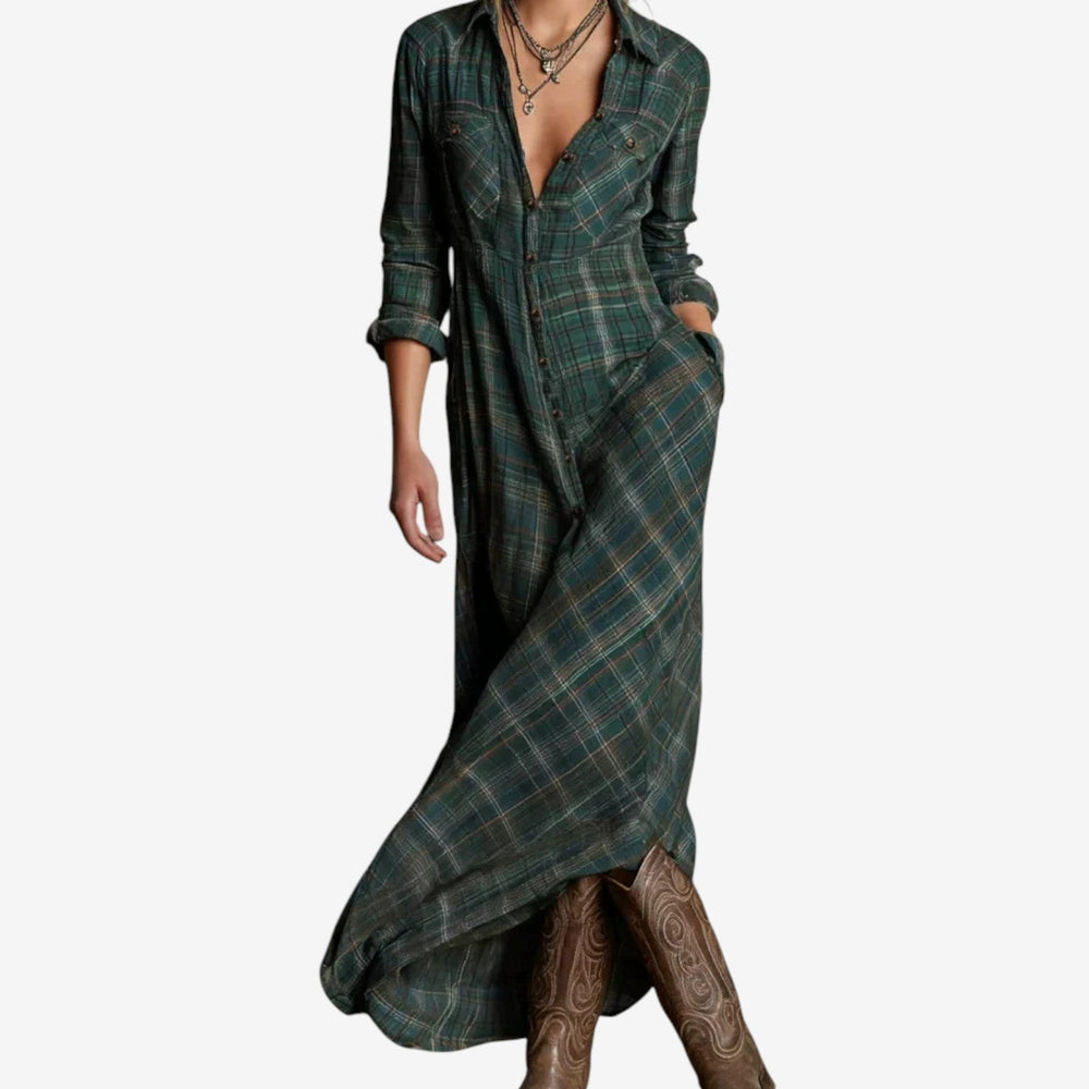 Women's Checked Maxi Shirt Dress – Button Front and Classic Collar