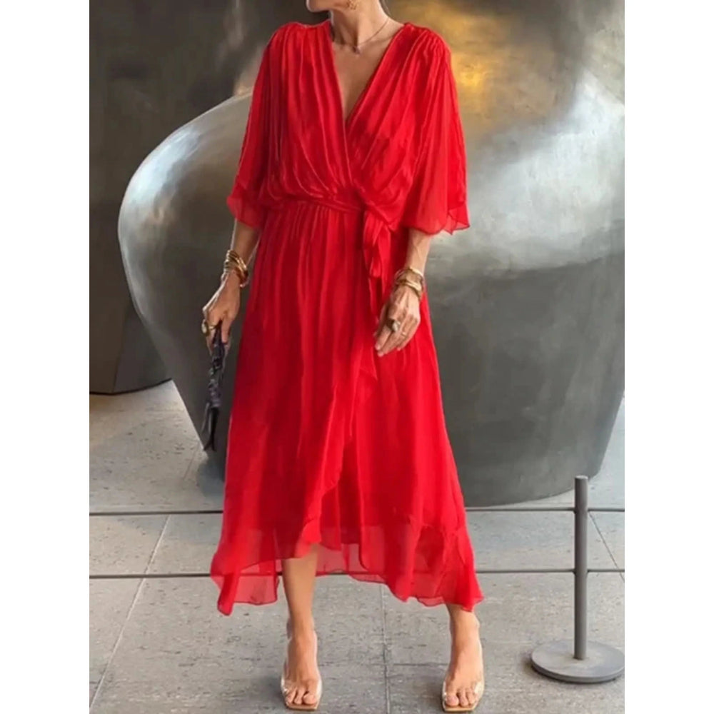 Women's Chiffon V-Neck Dress – Three-Quarter Sleeve Fluid Fit