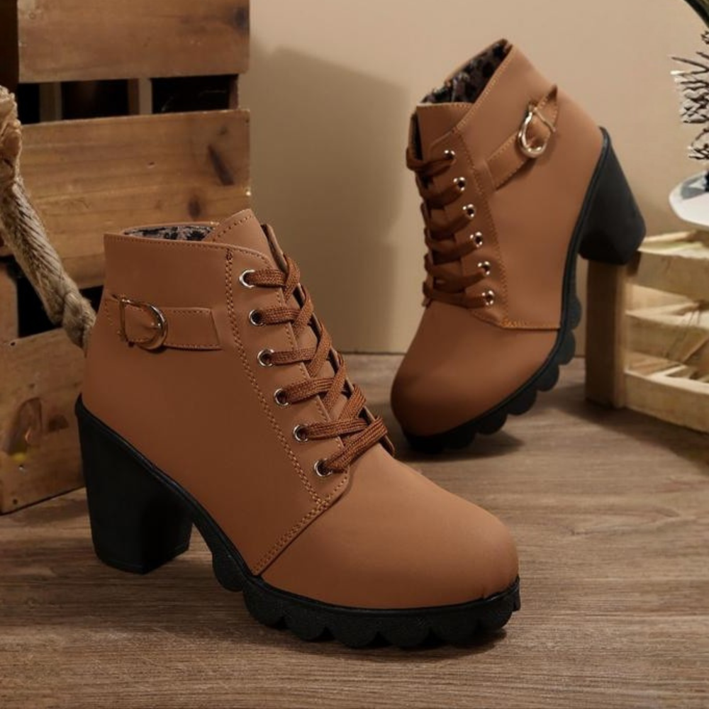 Women's Chunky Lace-Up Ankle Boots with Metal Buckle and 5 cm Heel