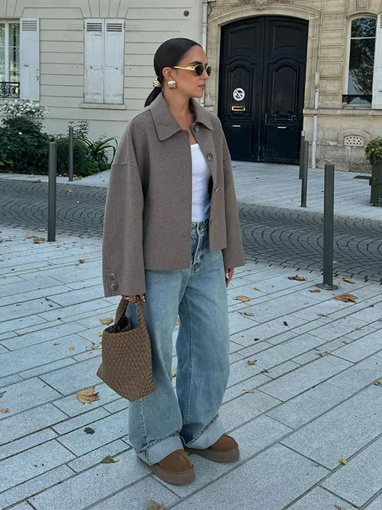 Women's Classic Buttoned Wool-Blend Coat for Autumn and Winter