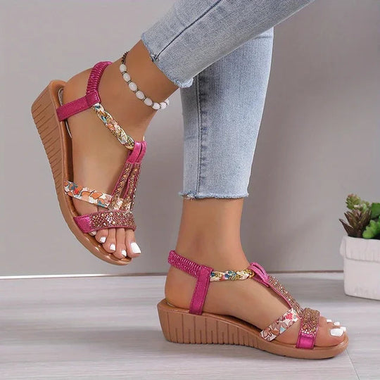 Women’s 4 cm Rhinestone Wedge Sandals with Flexible Sole