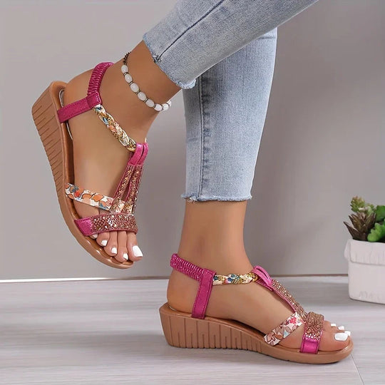 Women’s 4 cm Rhinestone Wedge Sandals with Flexible Sole