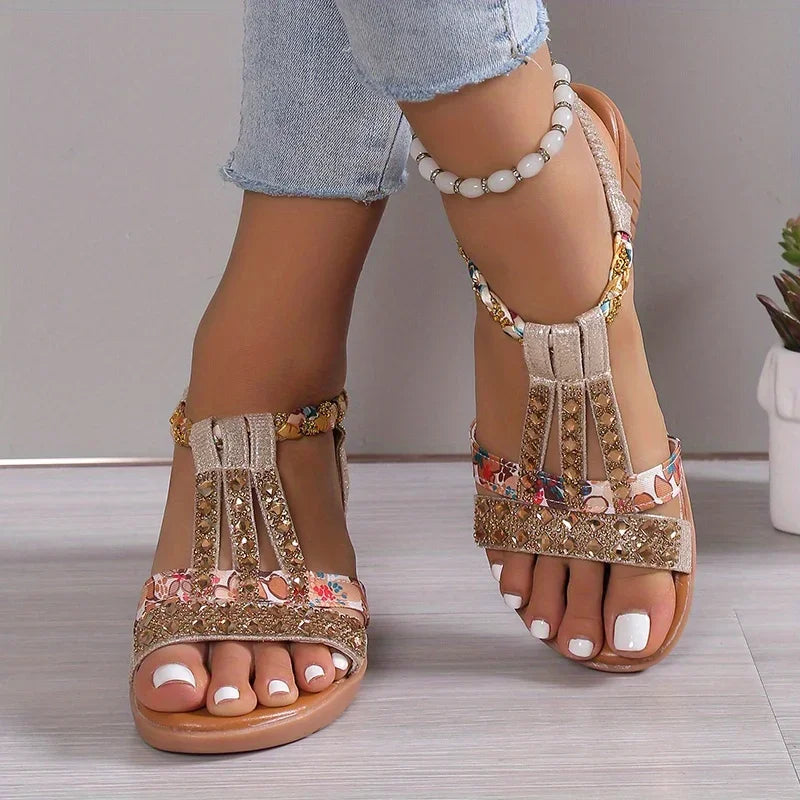 Women’s 4 cm Rhinestone Wedge Sandals with Flexible Sole
