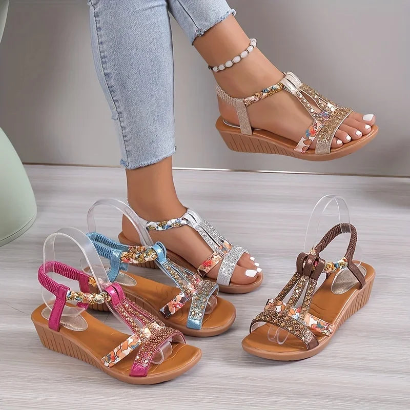 Women’s 4 cm Rhinestone Wedge Sandals with Flexible Sole