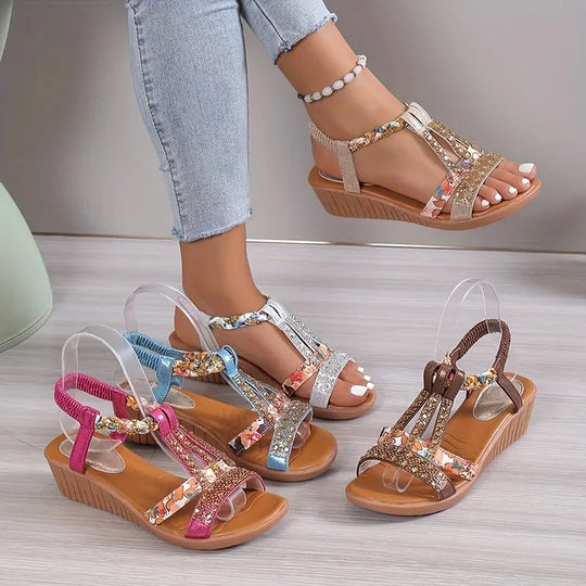 Women’s 4 cm Rhinestone Wedge Sandals with Flexible Sole