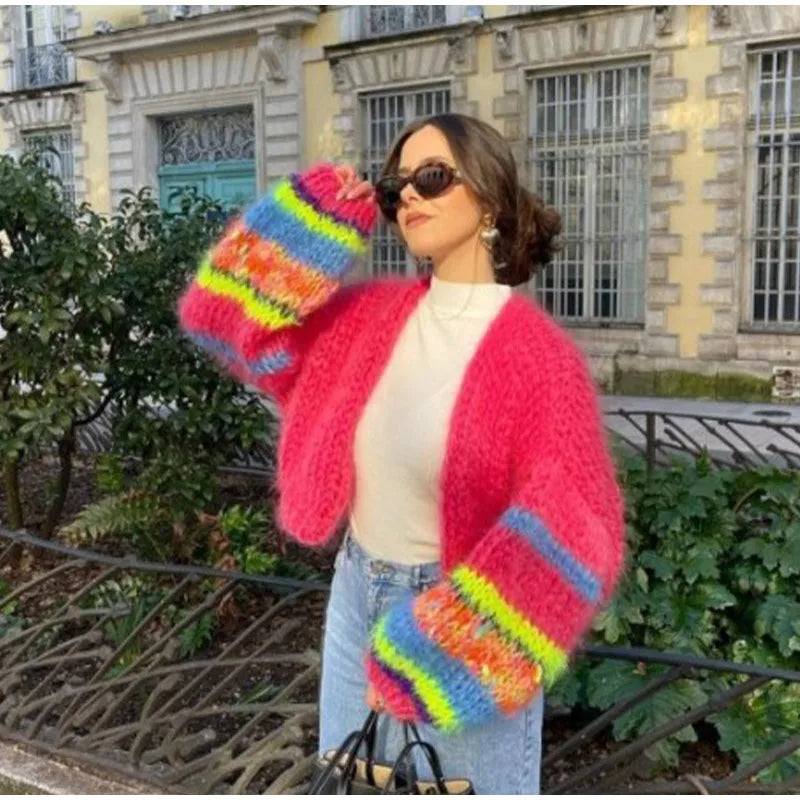 Women's Colourful Textured Open-Front Knitted Cardigan