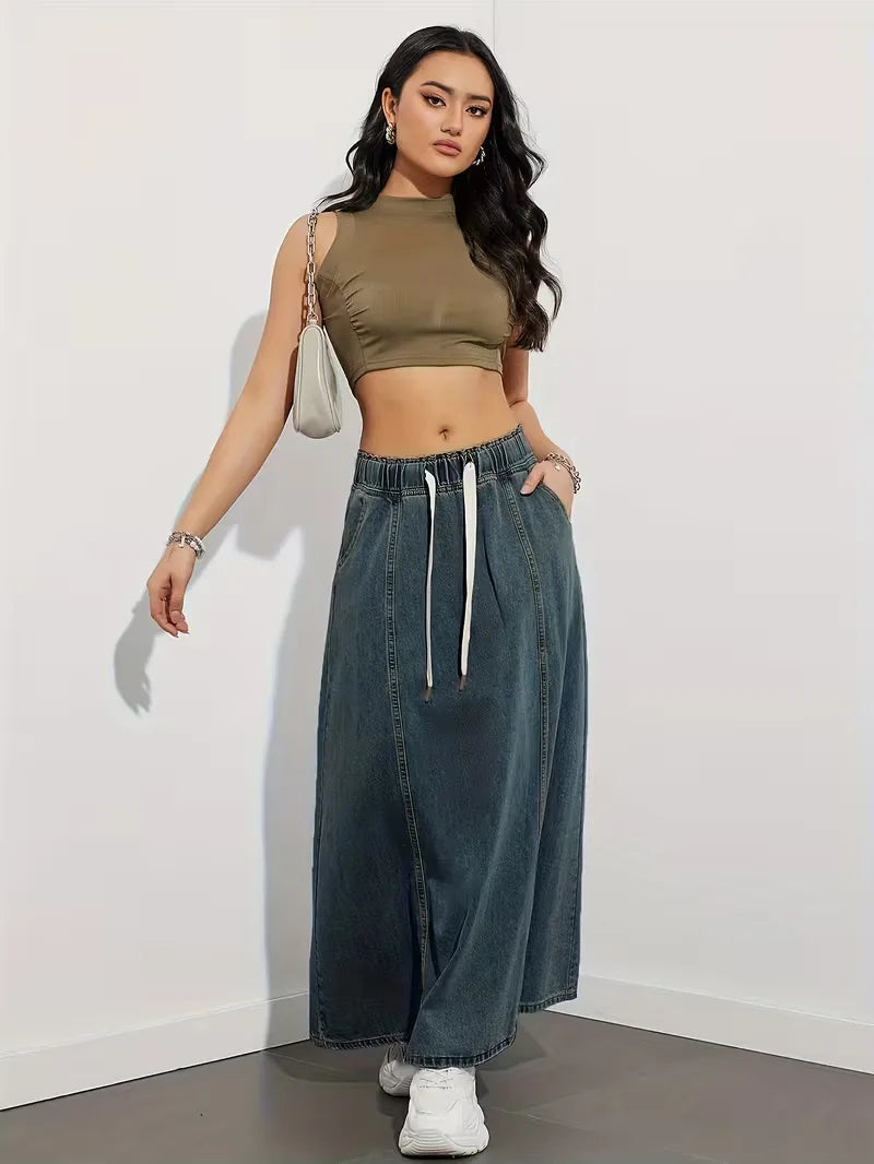 Women's Comfortable Denim Maxi Skirt with Elastic Waist