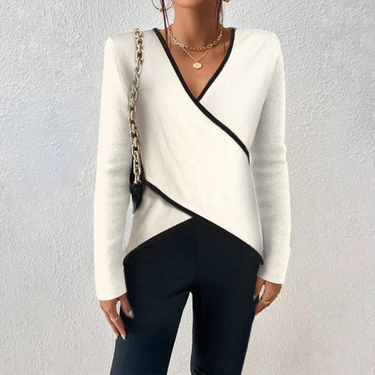Women’s Contrast-Trim Wrap Sweater – Soft V-Neck Long-Sleeve Knit