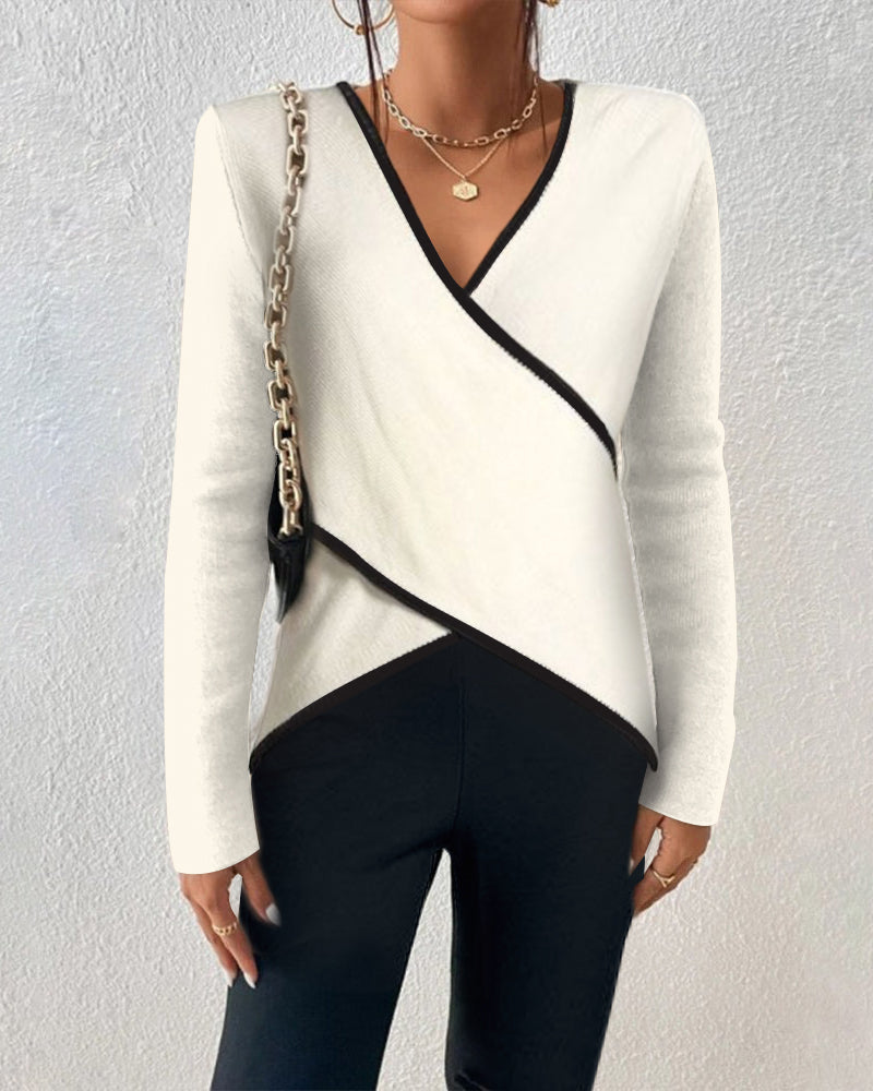 Women’s Contrast-Trim Wrap Sweater – Soft V-Neck Long-Sleeve Knit