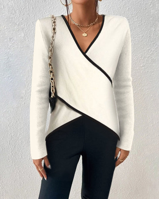 Women’s Contrast-Trim Wrap Sweater – Soft V-Neck Long-Sleeve Knit