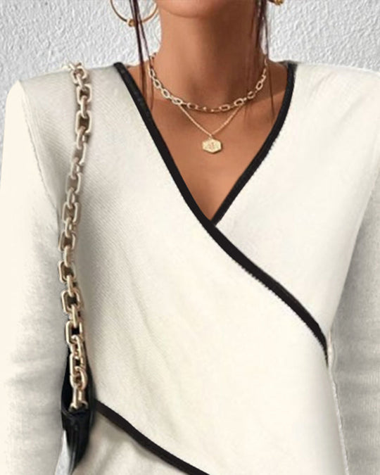 Women’s Contrast-Trim Wrap Sweater – Soft V-Neck Long-Sleeve Knit