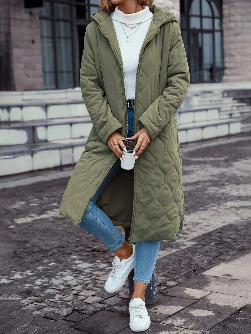 Women's Cotton-Blend Quilted Hooded Coat – Full-Zip Winter Jacket