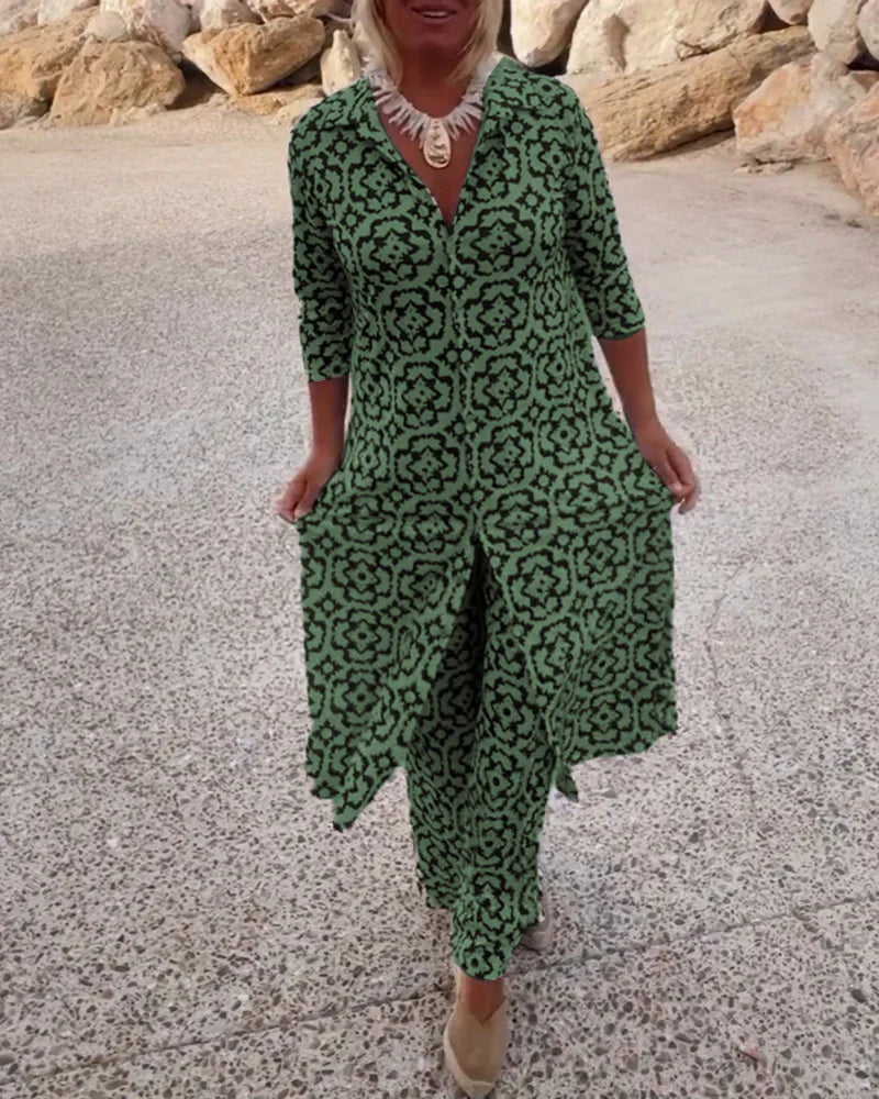 Women's Cotton-Blend Two-Piece Set – Button Top and Straight-Leg Trousers