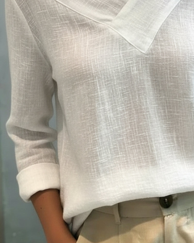 Women's Cotton-Linen Asymmetrical V-Neck Long-Sleeve Top