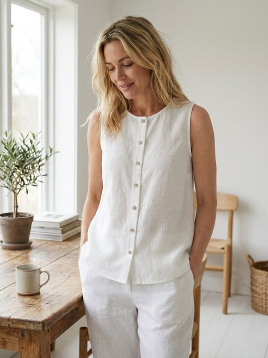 Women’s Cotton-Linen Button Tank Top – V-Neck Sleeveless Summer Top