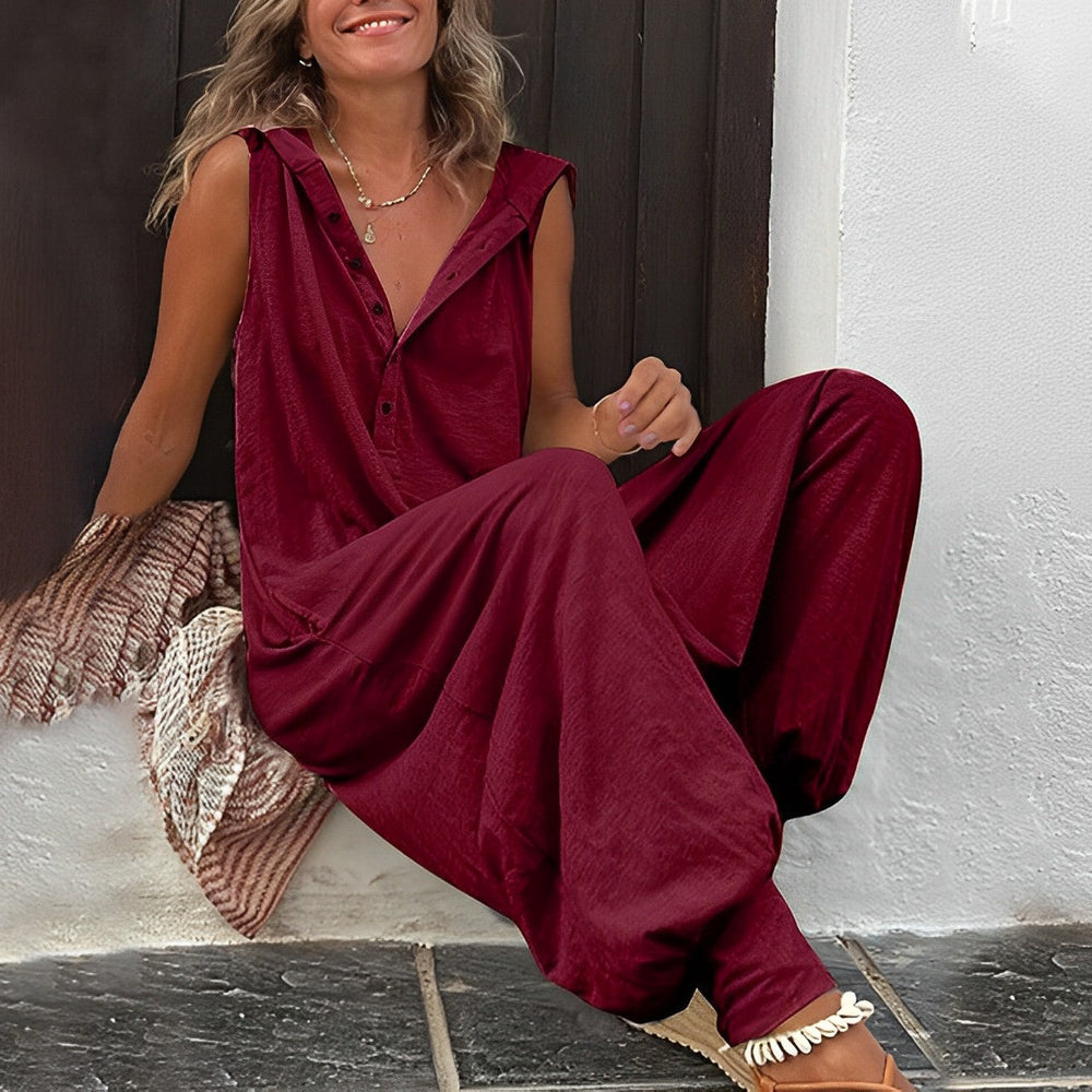 Women's Cotton-Linen Hooded Jumpsuit – Sleeveless Wide-Leg Fit