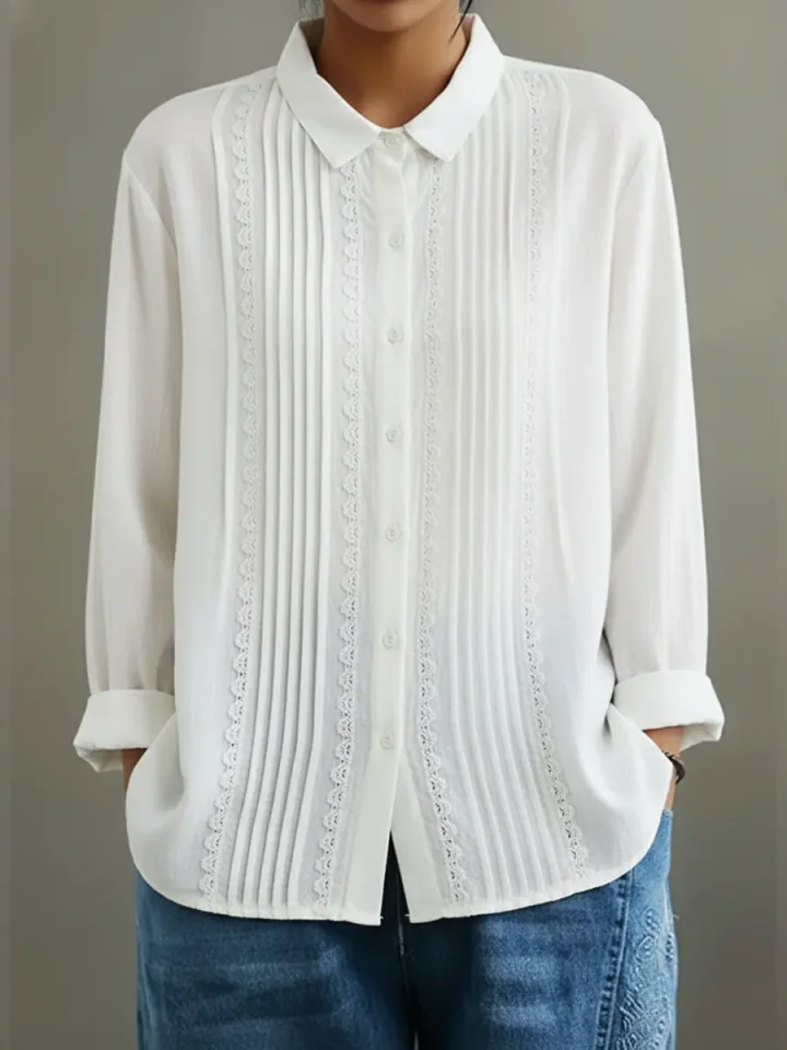 Women's Cotton-Linen Lace Shirt – Loose Long-Sleeve Button-Up