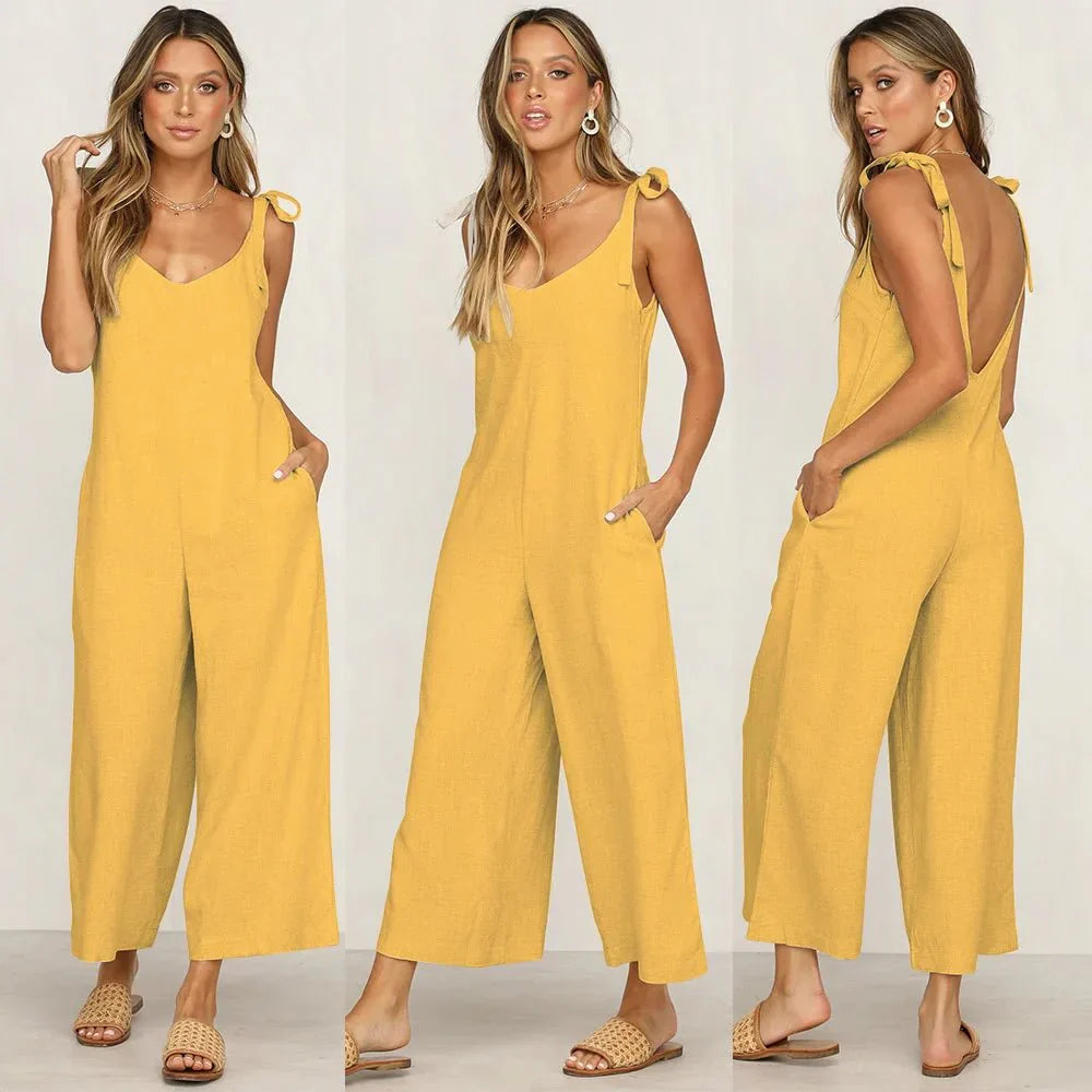 Women’s Cotton-Linen Midi Jumpsuit – Sleeveless V-Neck with Adjustable Waist
