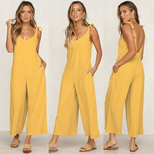Women’s Cotton-Linen Midi Jumpsuit – Sleeveless V-Neck with Adjustable Waist