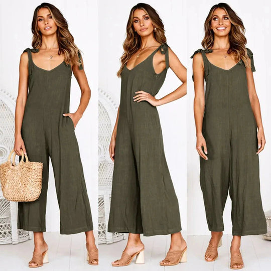 Women’s Cotton-Linen Midi Jumpsuit – Sleeveless V-Neck with Adjustable Waist