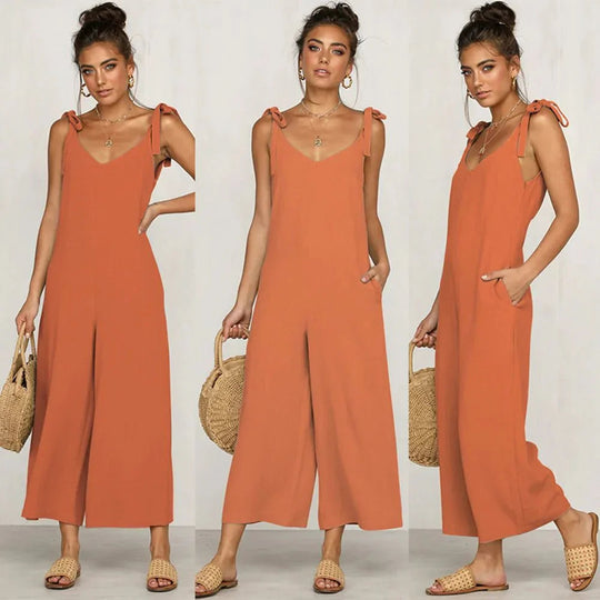 Women’s Cotton-Linen Midi Jumpsuit – Sleeveless V-Neck with Adjustable Waist
