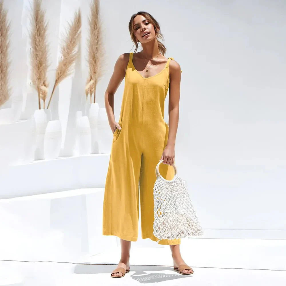 Women’s Cotton-Linen Midi Jumpsuit – Sleeveless V-Neck with Adjustable Waist