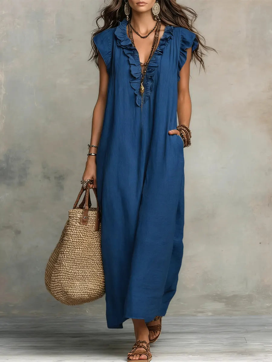 Women's Cotton-Linen Ruffle Dress – Relaxed Artistic Style