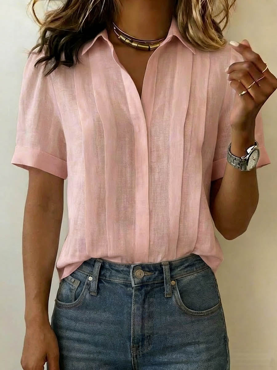 Women's Cotton-Linen Shirt – Loose Short-Sleeve Collared Top