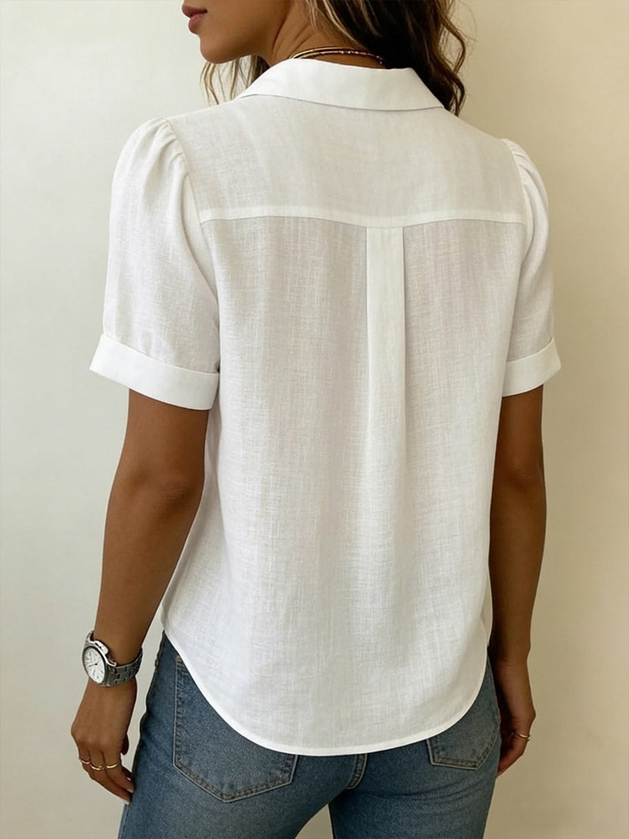 Women's Cotton-Linen Shirt – Loose Short-Sleeve Pleated Blouse
