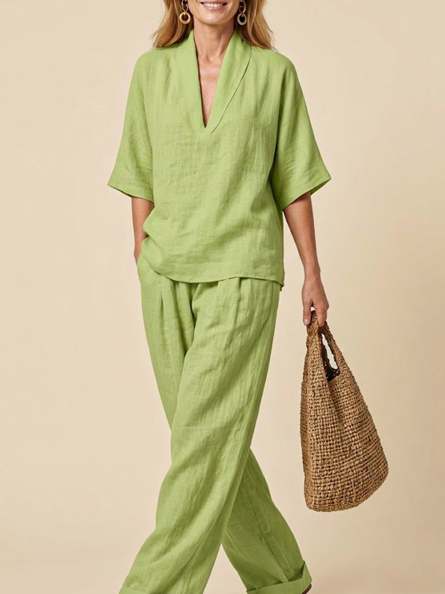 Women's Cotton-Linen Summer Set – V-Neck Top and Pocket Trousers