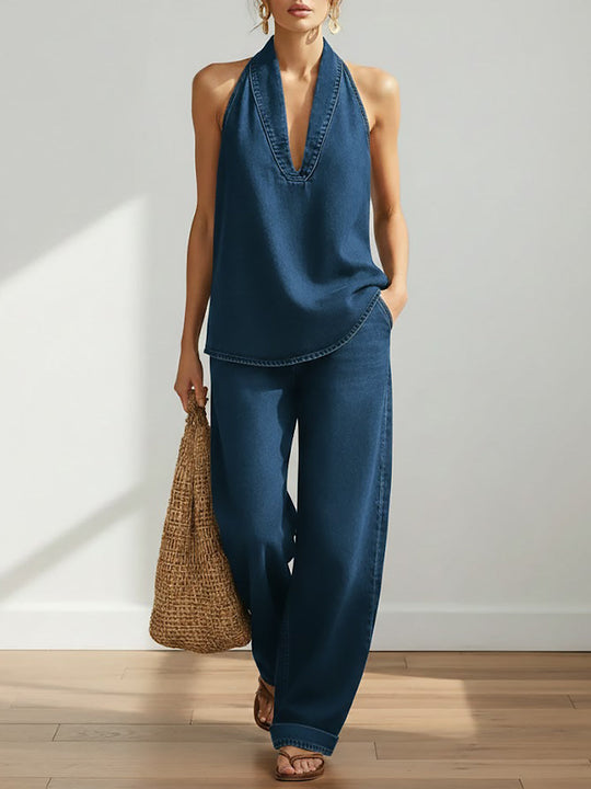 Women’s Cotton-Linen Two-Piece Set – V-Neck Halter Top and Wide-Leg Trousers