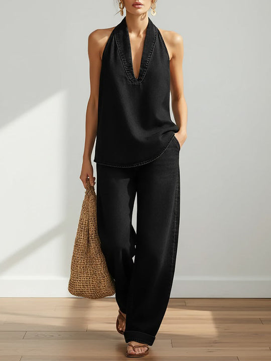 Women’s Cotton-Linen Two-Piece Set – V-Neck Halter Top and Wide-Leg Trousers