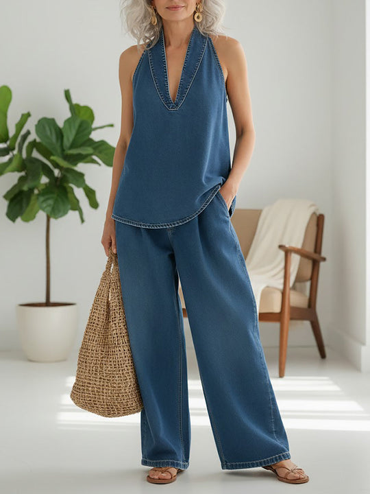 Women’s Cotton-Linen Two-Piece Set – V-Neck Halter Top and Wide-Leg Trousers
