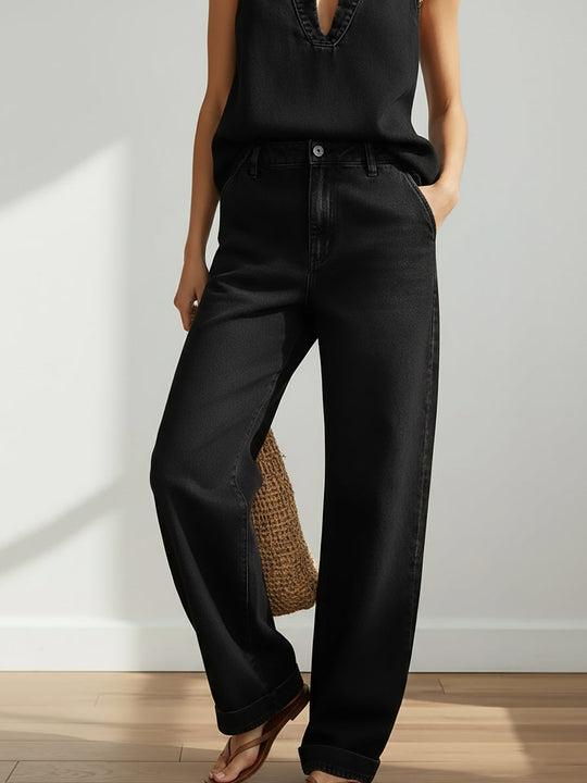 Women’s Cotton-Linen Two-Piece Set – V-Neck Halter Top and Wide-Leg Trousers