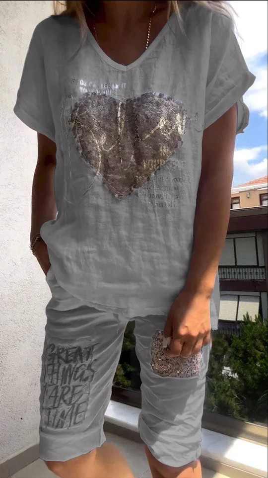 Women’s Cotton-Linen V-Neck Set – Gold-Detail Top and Matching Shorts