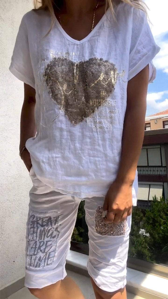 Women’s Cotton-Linen V-Neck Set – Gold-Detail Top and Matching Shorts