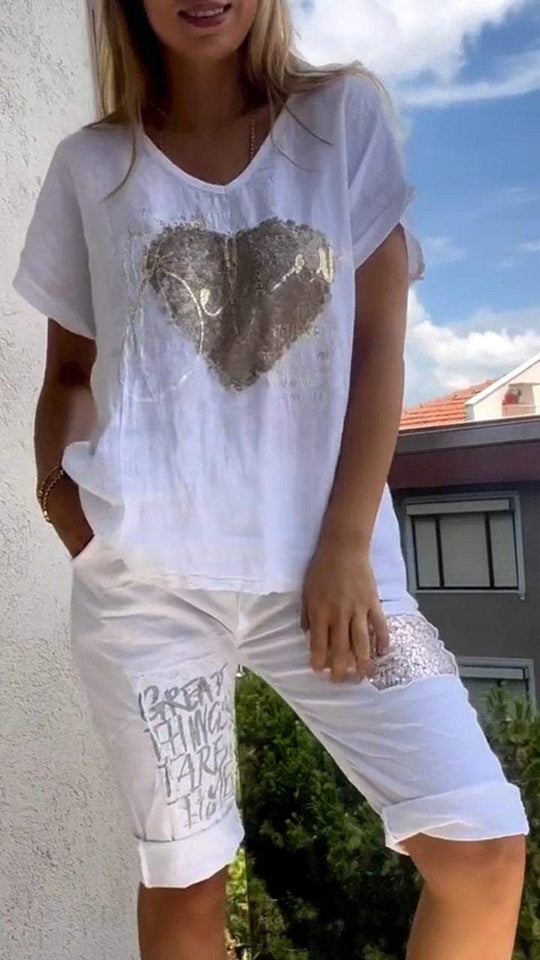 Women’s Cotton-Linen V-Neck Set – Gold-Detail Top and Matching Shorts